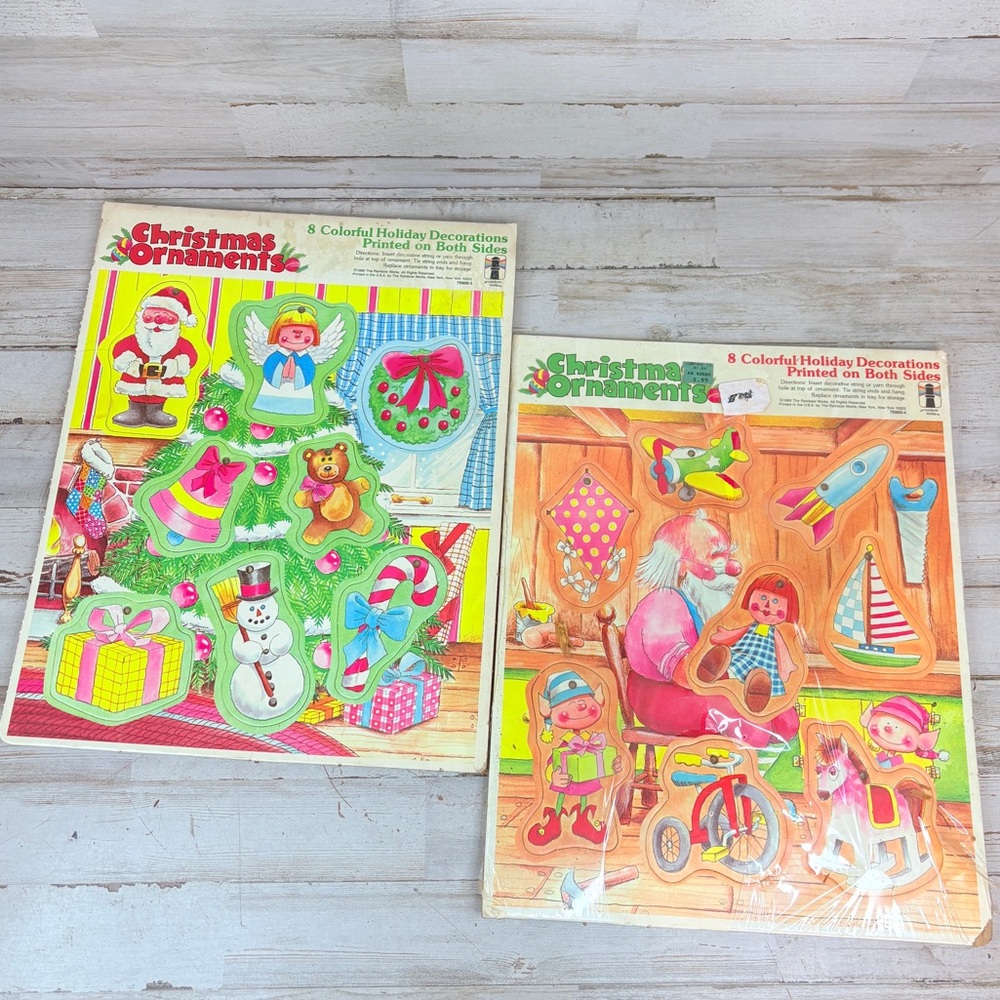 VTG Lot Of 2 Rainbow Works Christmas Frame Tray Puzzle Santa Ornaments Toys 1980